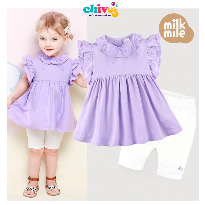 Set Áo Cotton Tay Bèo Cổ Nơ Kèm Quần Legging Lửng MilkMile Xuất Hàn Cho Bé Gái Từ 10-20kg