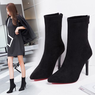 T45 giầy boot cao gót đế đỏ cao cổ chất da lộn thời trang;