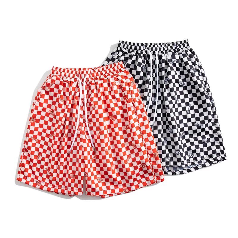 Quần Short Thể Thao Ống Rộng Họa Tiết Sọc Caro Trắng Đen 2 Màu Size M-3XL Thời Trang Mùa Hè Cho Nam