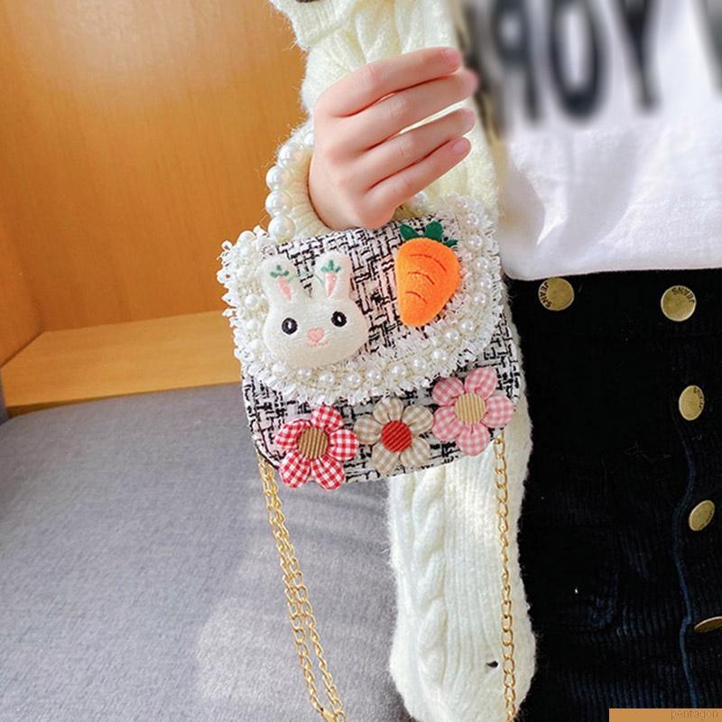 Túi xách đeo chéo vai dây xích đính hạt ngọc in hoạt hình đáng yêu cho bé gái