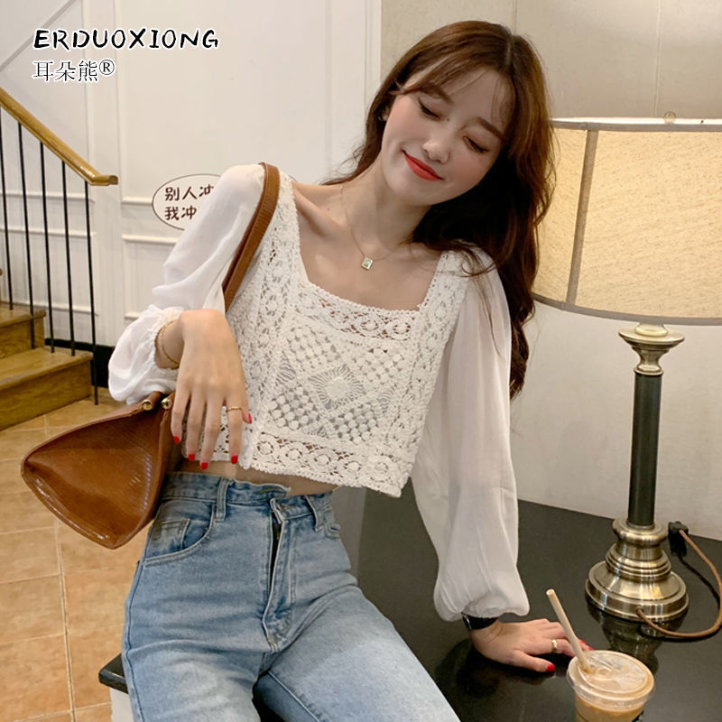 Áo kiểu mặc ngoài hai dây dệt kim dáng rộng phối ren thời trang dành cho nữ