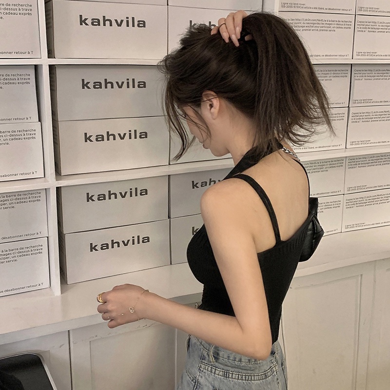 Áo Croptop Hai Dây Dệt Kim Màu Trơn Phối Nút Đơn Giản Thời Trang Cho Nữ