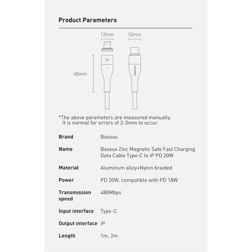 [C to Lightning] Cáp sạc đầu từ 20W cho iP12 Baseus Zinc Magnetic Safe Fast Charging CATLCX-A06(2m)