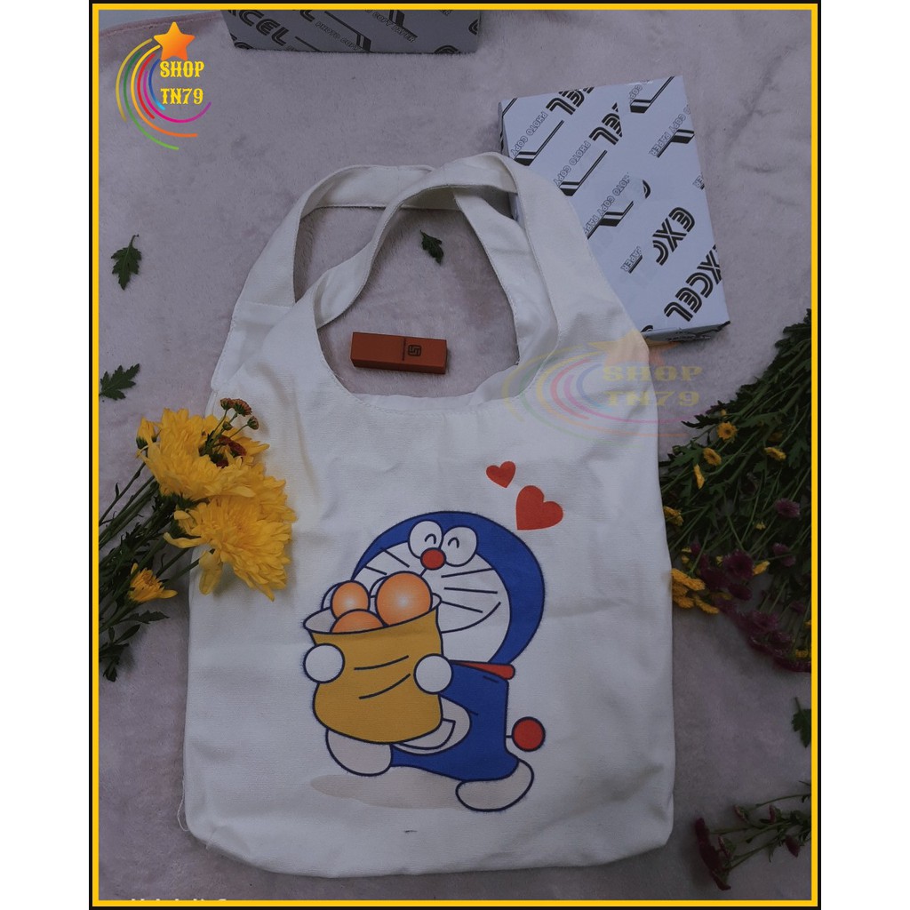 Túi đeo vai thời trang vải canvas mềm loại to đi hoc , đi chơi , đi làm đều rất đẹp - DOREMON 2 TIM