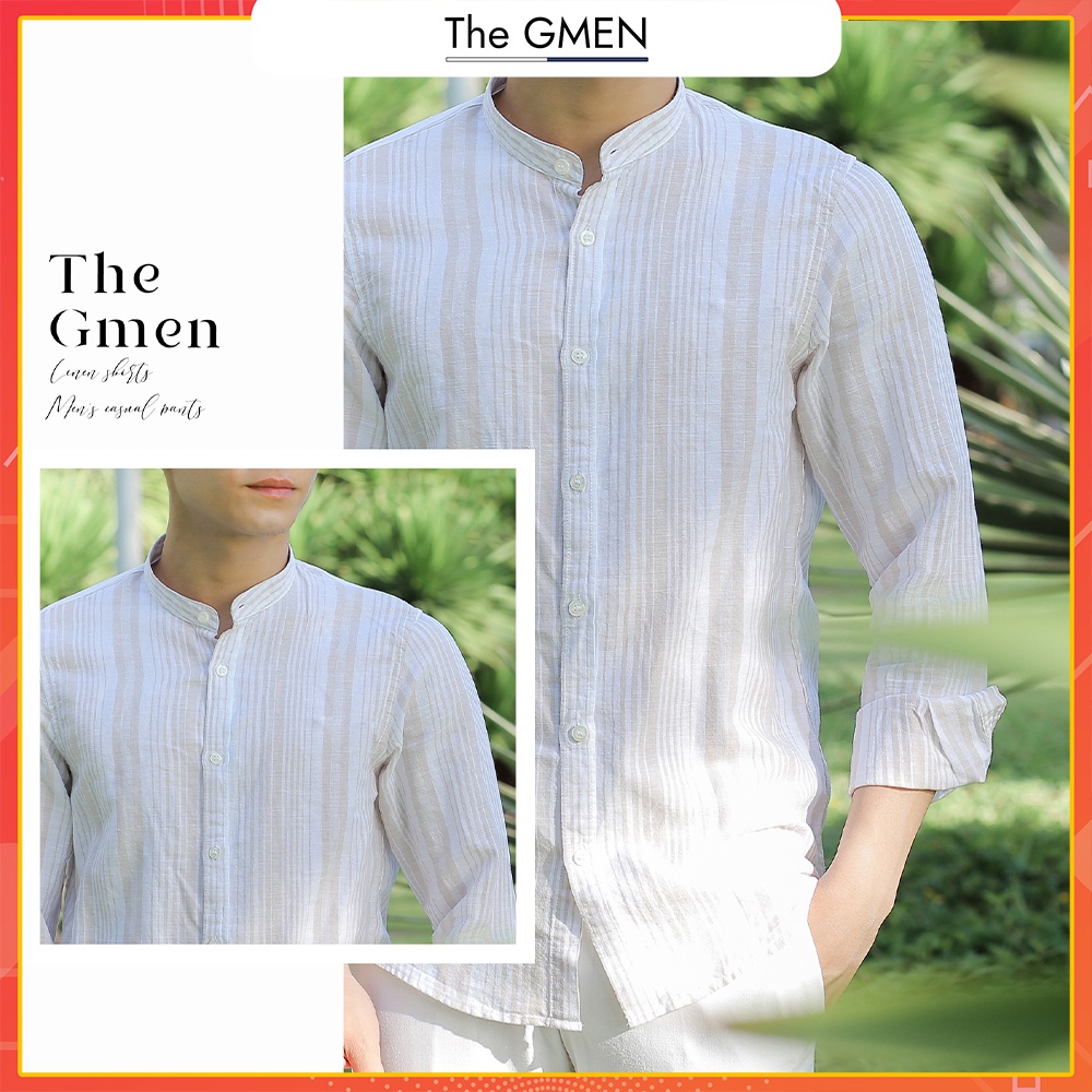[Giảm 10% Mã SKMLTSM12] Áo sơ mi nam dài tay The GMEN Linen cổ trụ thiết kế kẻ sọc, thoáng mát, thấm hút mồ hôi | BigBuy360 - bigbuy360.vn