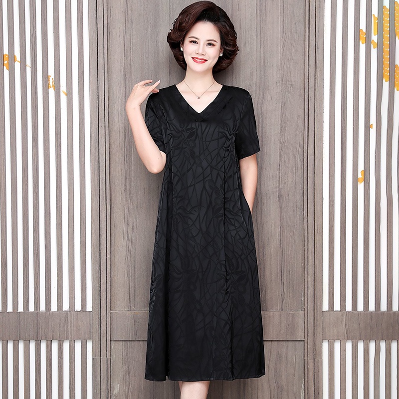 Đầm trung niên đầm nữ trung niên đơn giản Đầm Tay Ngắn Chất Liệu Lụa Thời Trang Mùa Hè Cho Phụ Nữ Trung Niên