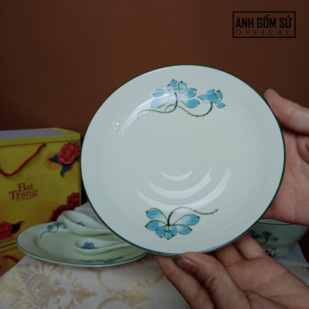 Bộ chén dĩa men kem, bộ bát đĩa sứ Bát Tràng, họa tiết sen xanh cao cấp 13 chi tiết, bán lẽ từng món