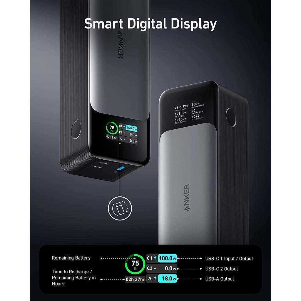 Pin sạc dự phòng 140W Anker 737 GaN Prime PowerCore 24000mAh A1289 Màn Led đa năng PD 3.1 PPS QC BH 12T