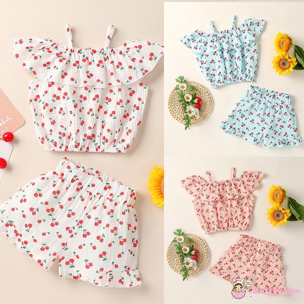 Bộ Áo Trễ Vai Không Tay In Hình Quả Cherry + Quần Short Trắng / Xanh Dương / Hồng Dành Cho Bé Gái 1-5 Tuổi