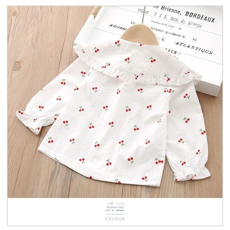 Áo Sơ Mi Cotton Cổ Búp Bê In Họa Tiết Trái Cherry Xinh Xắn Cho Bé Gái