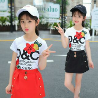 Set đầm áo phông thêu hoa