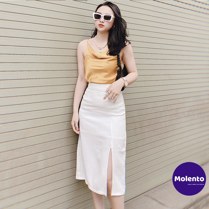 Chân váy xẻ tà Molento chân váy chữ a dài qua gối xẻ trước cá tính phong cách Hàn Quốc hai màu trắng, đen - M25 | BigBuy360 - bigbuy360.vn