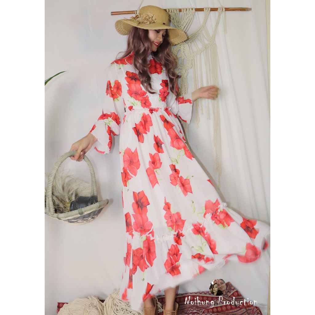 Đầm váy vintage ulzzang maxi dáng dài xòe đi biển họa tiết hoa đẹp rẻ midi bigsize voan chiffon