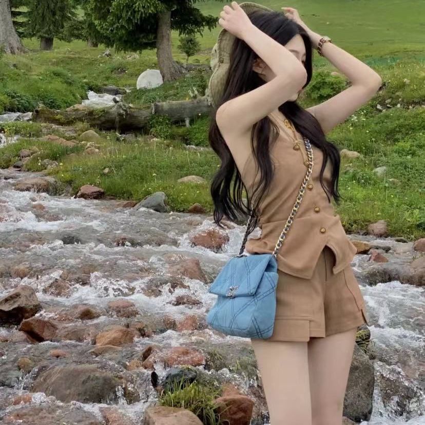 2022 summer fashion hot girls wear chest button vest female minority slim blouse + suit shirt and shorts set