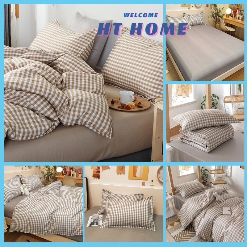 Bộ chăn ga gối cao cấp cotton HT Home kẻ nâu cute miễn phí bo chun drap giường , ga trải giường P07