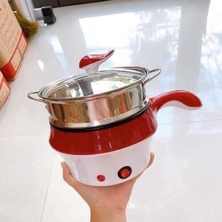 Ca nấu mì, nồi lẩu điện mini siêu tốc 2 tầng size 18cm, tặng kèm vỉ hấp