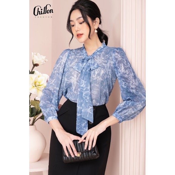 Chiffon_Áo sơ mi công sở hoa nhí nơ cổ