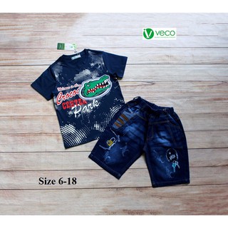 Bộ jeans bé trai Veco cao cấp cao cấp cho bé trai size đại áo xanh phối quần jean cho bé từ 18kg - 50kg.