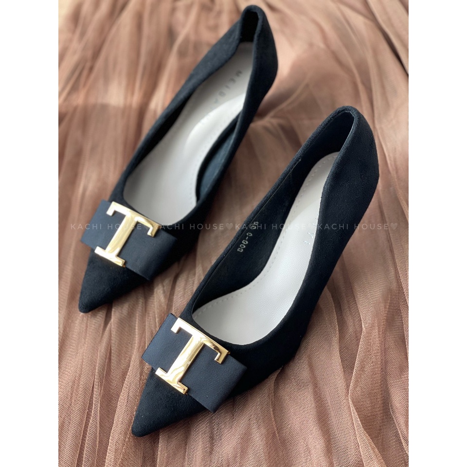 giày Cao gót Mũi nhọn da lộn nơ T gót nhọn 6cm mã 806-8 ( FROM TO)