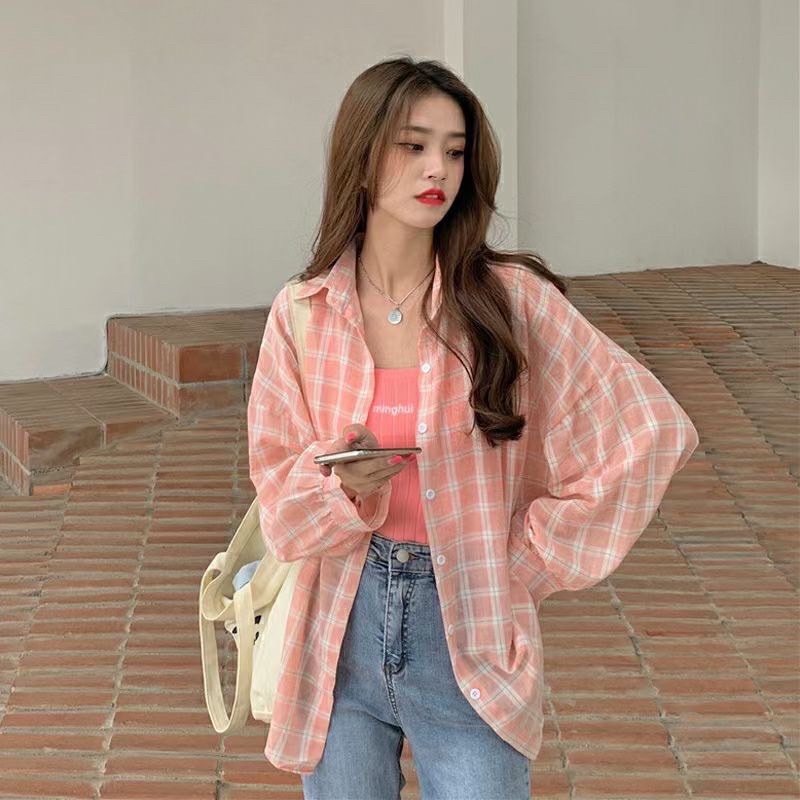Áo sơ mi kẻ mỏng nhẹ from rộng tay cánh dơi