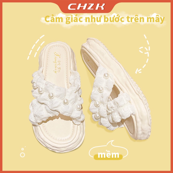 Chexcess Dép Đi Biển Đế Dày Đính Hạt Ngọc Trai Phong Cách Thời Trang Mới FT2654