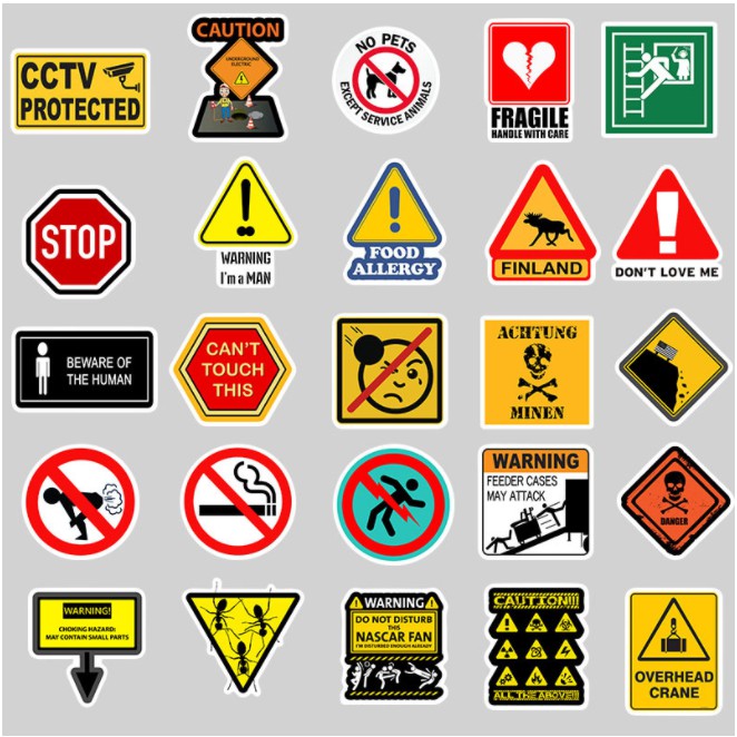 Sticker BIỂN BÁO nhựa PVC không thấm nước, dán nón bảo hiểm, laptop, điện thoại, Vali, xe