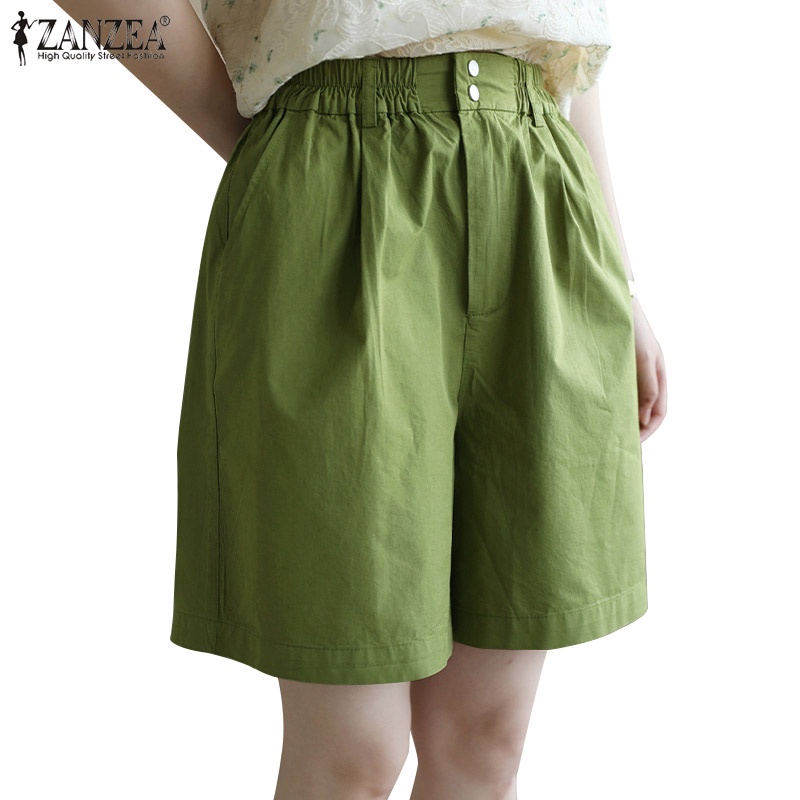 Quần đùi ZANZEA ống rộng lưng thun màu trơn đơn giản phong cách Hàn Quốc cho nữ