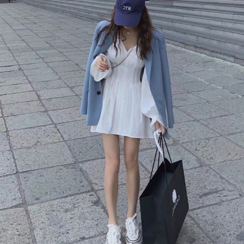 ] 🔥Đầm trắng xòe eo xếp li tay dài ulzzang cực phẩm