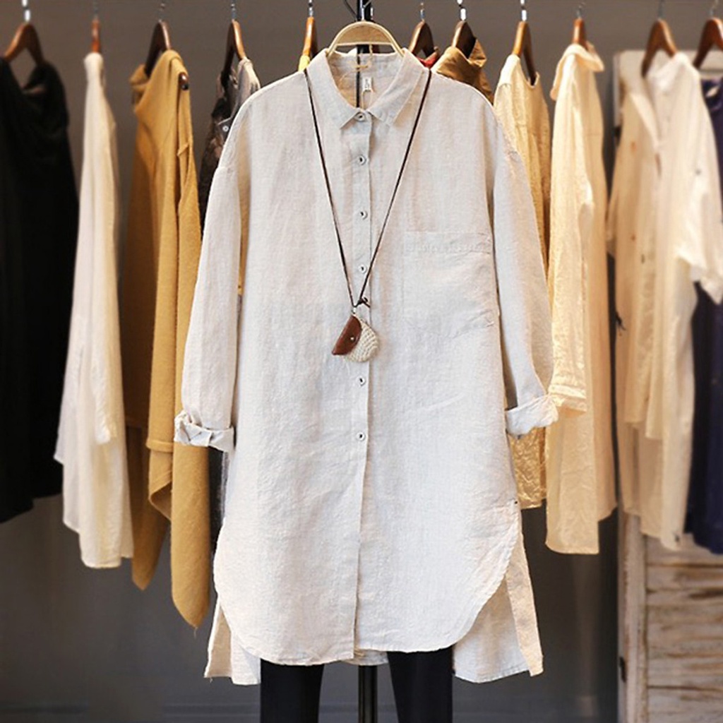Đầm suông sơ mi dài tay Linen bột Premium form rộng trẻ trung