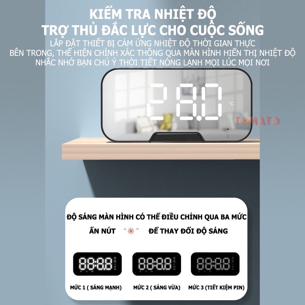 Loa Bluetooth Kiêm Đồng Hồ Hiển Thị Đèn Led - Có Báo Thức, Màn Hình Soi Gương - Loa Cầm Tay Mini Tích Hợp Báo Thức