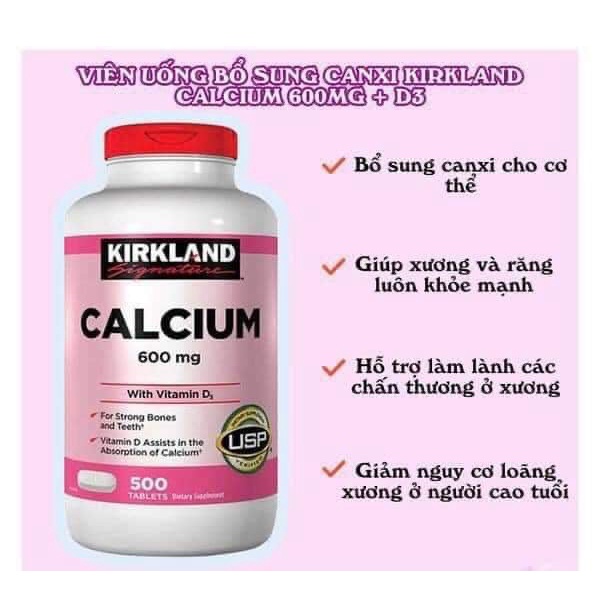 [Hàng Mỹ] Viên uống bổ sung canxi Kirkland Calcium 600mg with Vitamin D3 - hộp 500 viên
