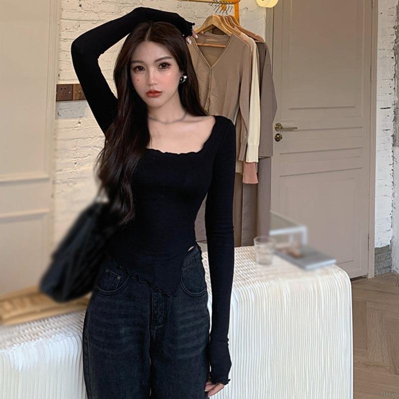 Áo thun tay dài cổ tròn màu sắc đơn giản phong cách thời trang Hàn Quốc