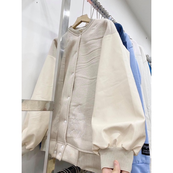 Áo Khoác Bomber thu đông nam nữ- Áo Jacket phối tay da hình thêu 2 mặt chất dày 1 lớp form thụng tay bồng Ulzzang unisex | BigBuy360 - bigbuy360.vn