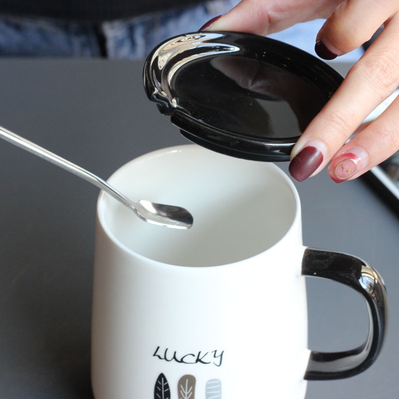 Cốc ly sứ có nắp kèm thìa Friend, Lucky, Sweet Home,..dung tích 420ml dùng hàng ngày, đựng trà, cafe,quà tặng