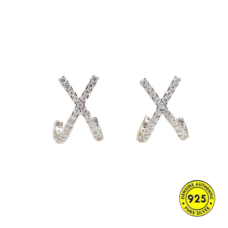 Bông Tai Mạ Bạc 925 Hình Chữ X Đính Đá Sang Trọng