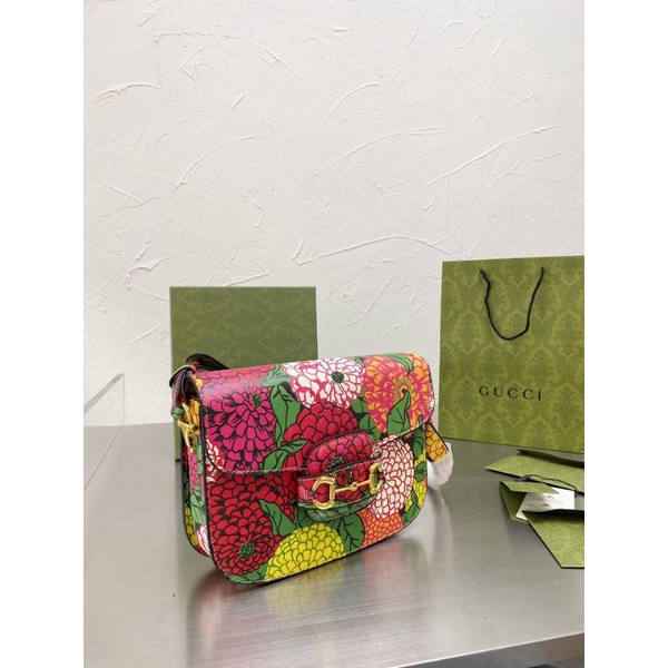 Túi Guccii Horsebit hoa lá đỏ trắng siêu đẹp