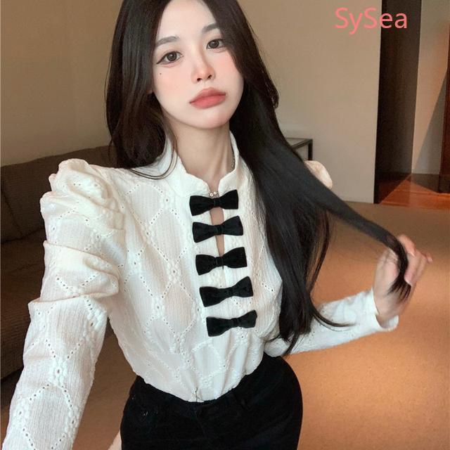 Áo sơ mi dài tay phối ren nơ thời trang mùa xuân cho nữ