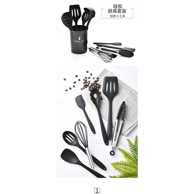 Bộ 11 dụng cụ nấu ăn thìa, đánh trứng silicon chịu nhiệt cao kèm cốc đựng cho nhà bếp Phới Dẹt Silicon Trộn Bột, Vét Bột