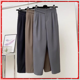 Quần baggy nữ 2 khuy lệch cạp cao lưng chun