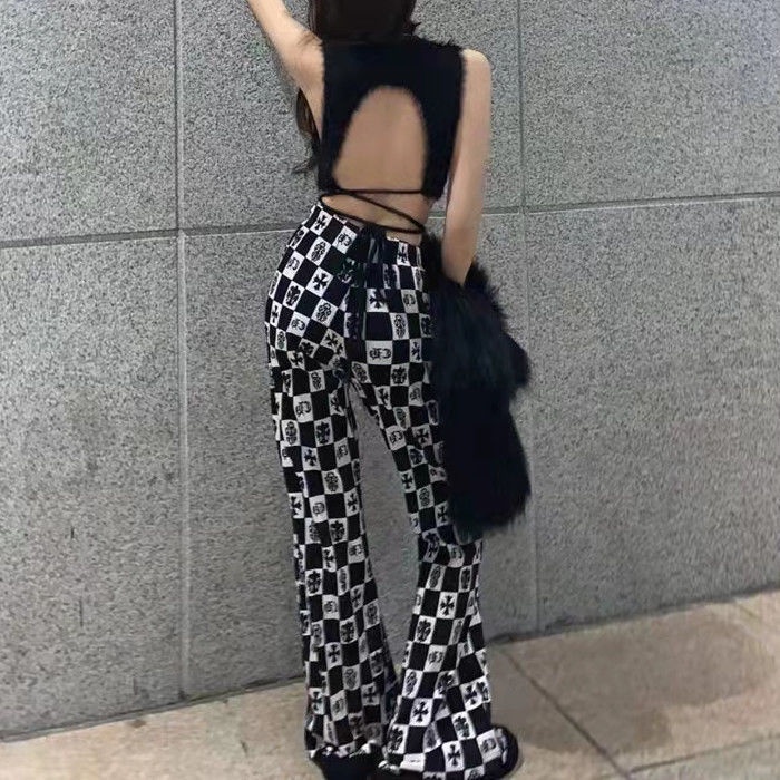 Quần Dài Ống Loe Họa Tiết Caro Thời Trang Cho Nữ