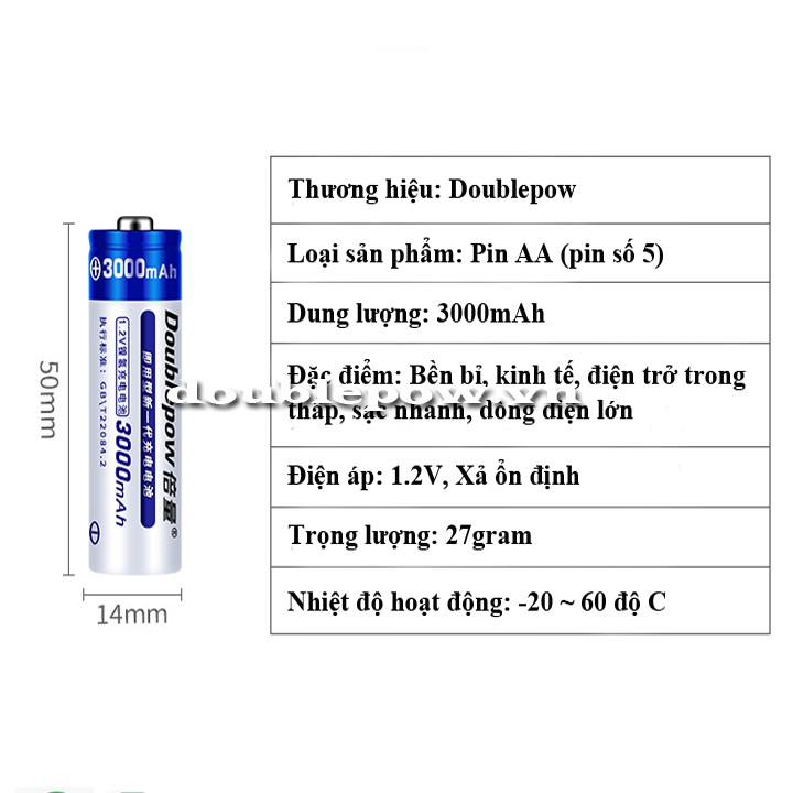 Pin tiểu sạc Doublepow cỡ AA 3000mAh 1.2V dung lượng thật chính hãng