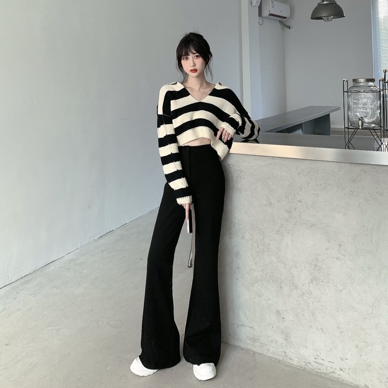 Quần ống loe đen hách dáng 1 cúc/2 cúc công sở thanh lịch, Quần cạp cao nữ
