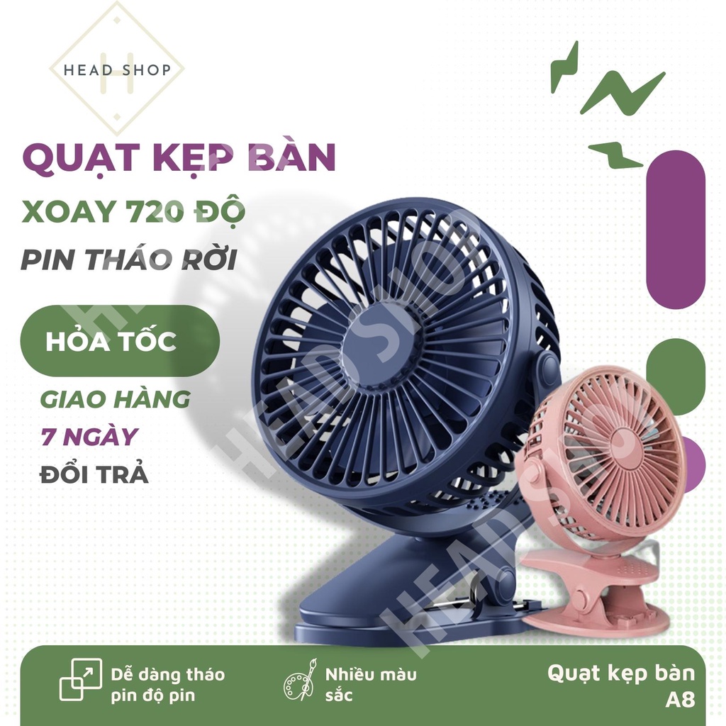 Quạt A8 Sạc Pin Tích Điện Chân Kẹp Bàn Xe Đẩy ô tô Xoay 720 Độ 3 Tốc Độ được chọn màu HEADSHOP