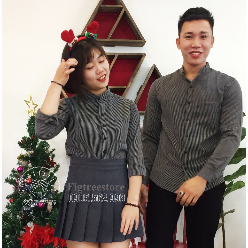 Áo cặp sơ mi sọc đen cổ trụ hot teen