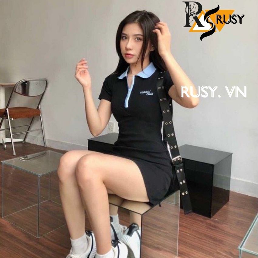 Đầm Nữ Chất Thun Gân Co Giãn Phối Cổ Polo Họa Tiết Thêu Chữ Đẹp, Kiểu Váy Ôm Dáng Năng Động Trẻ Trung cho nàng