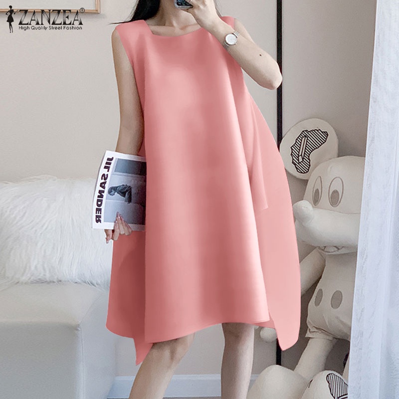 Zanzea Đầm Midi Không Tay Cổ Tròn Màu Trơn Phong Cách Hàn Quốc Thanh Lịch Dành Cho Nữ