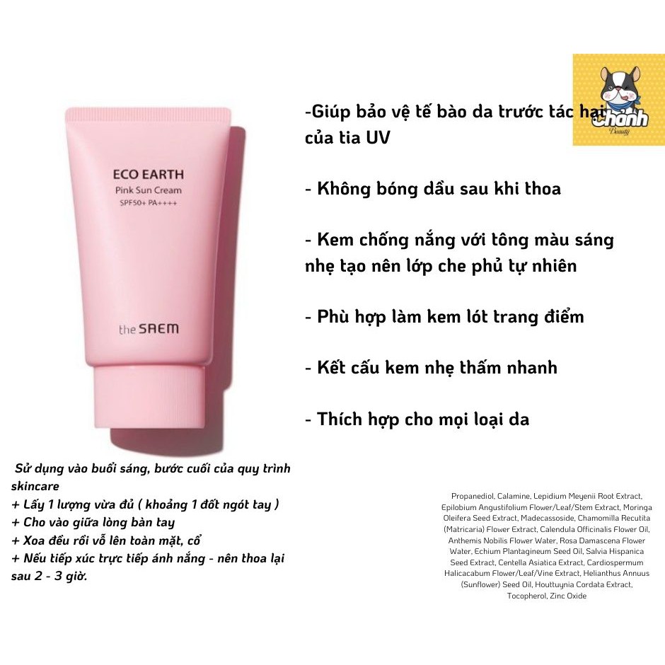 Kem Chống Nắng Giảm Dầu, Giúp Da Sáng Hồng Tự Nhiên The Saem Sun Cream SPF50+/PA++++