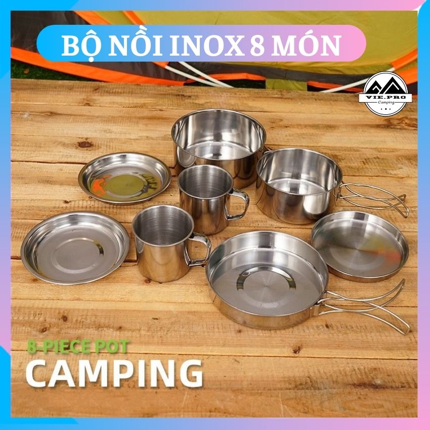 Bộ nồi Camping 8 món, gấp gọn -  nấu ăn tiện khi đi cắm trại leo núi chất liệu inox chống rỉ
