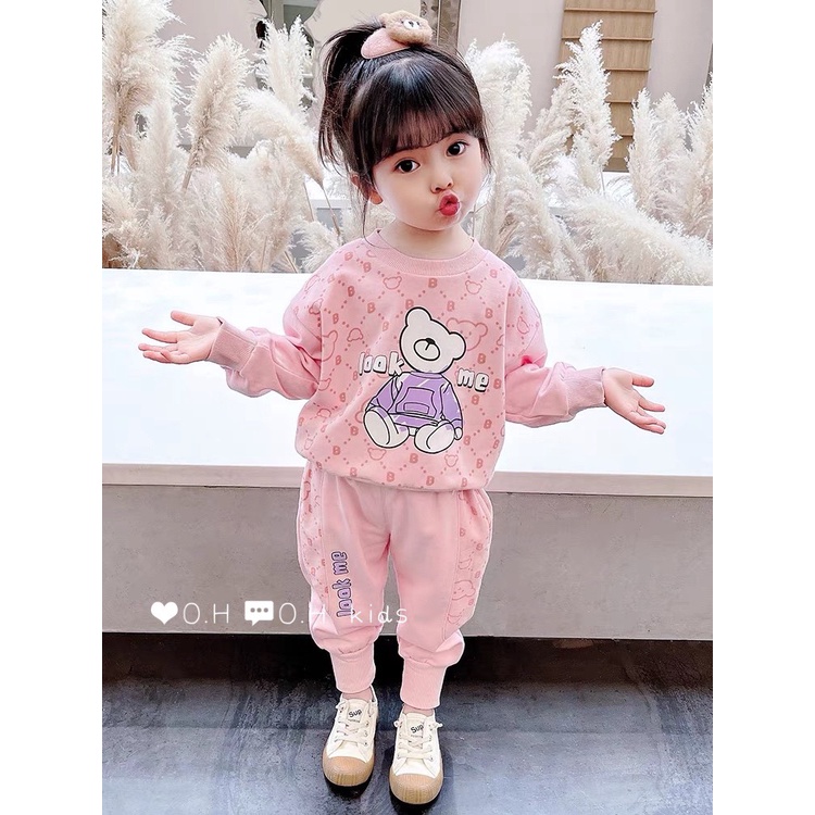 Bộ dài tay cho bé cotton thu đông, co dãn 4 chiều cho bé gái hình Gấu K034