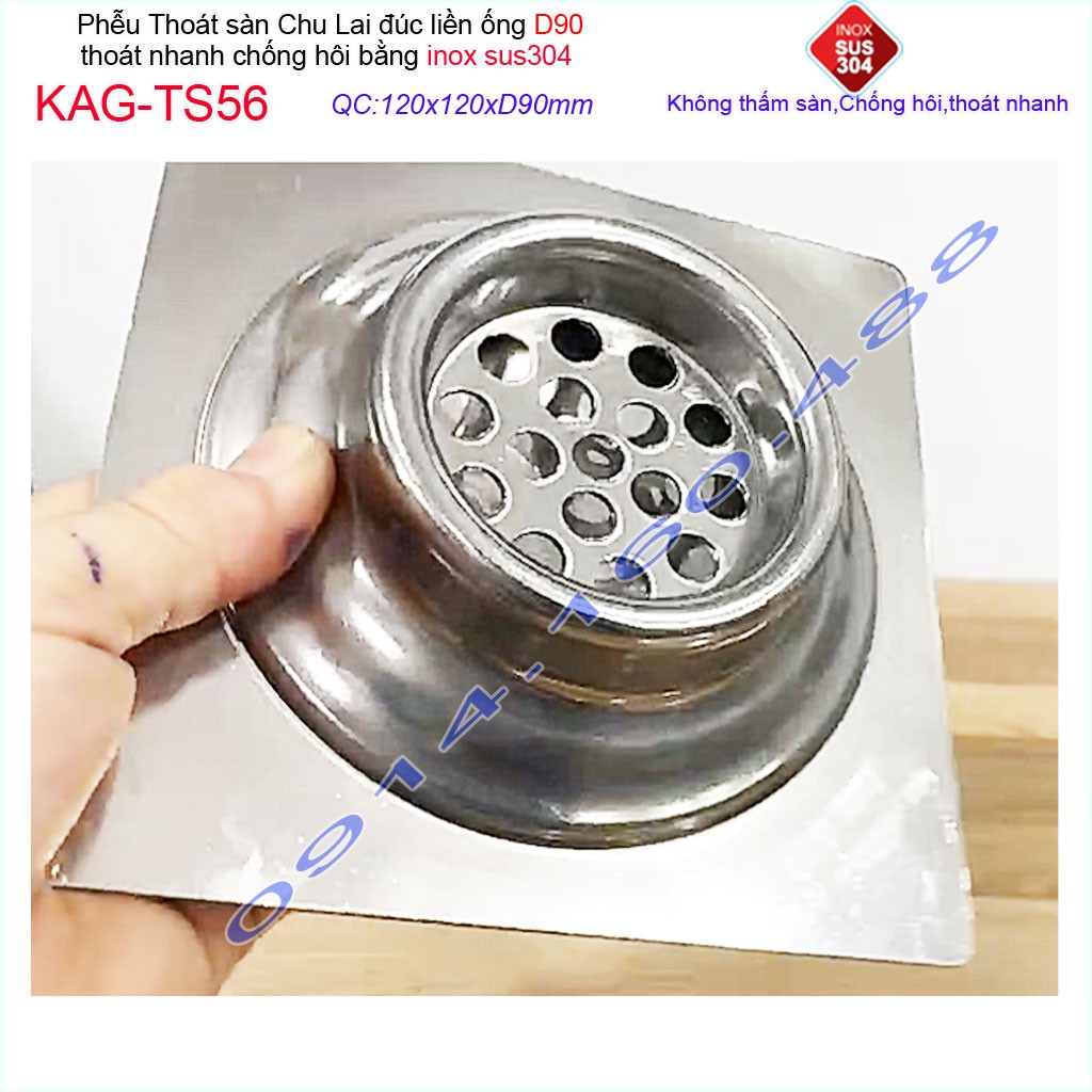 Phễu thoát sàn Chu Lai 12x12cm KAG-TS56-D90, hố ga Thoát sàn ống 9cm SUS304 inox đúc dày thoát nhanh chặn tóc tốt